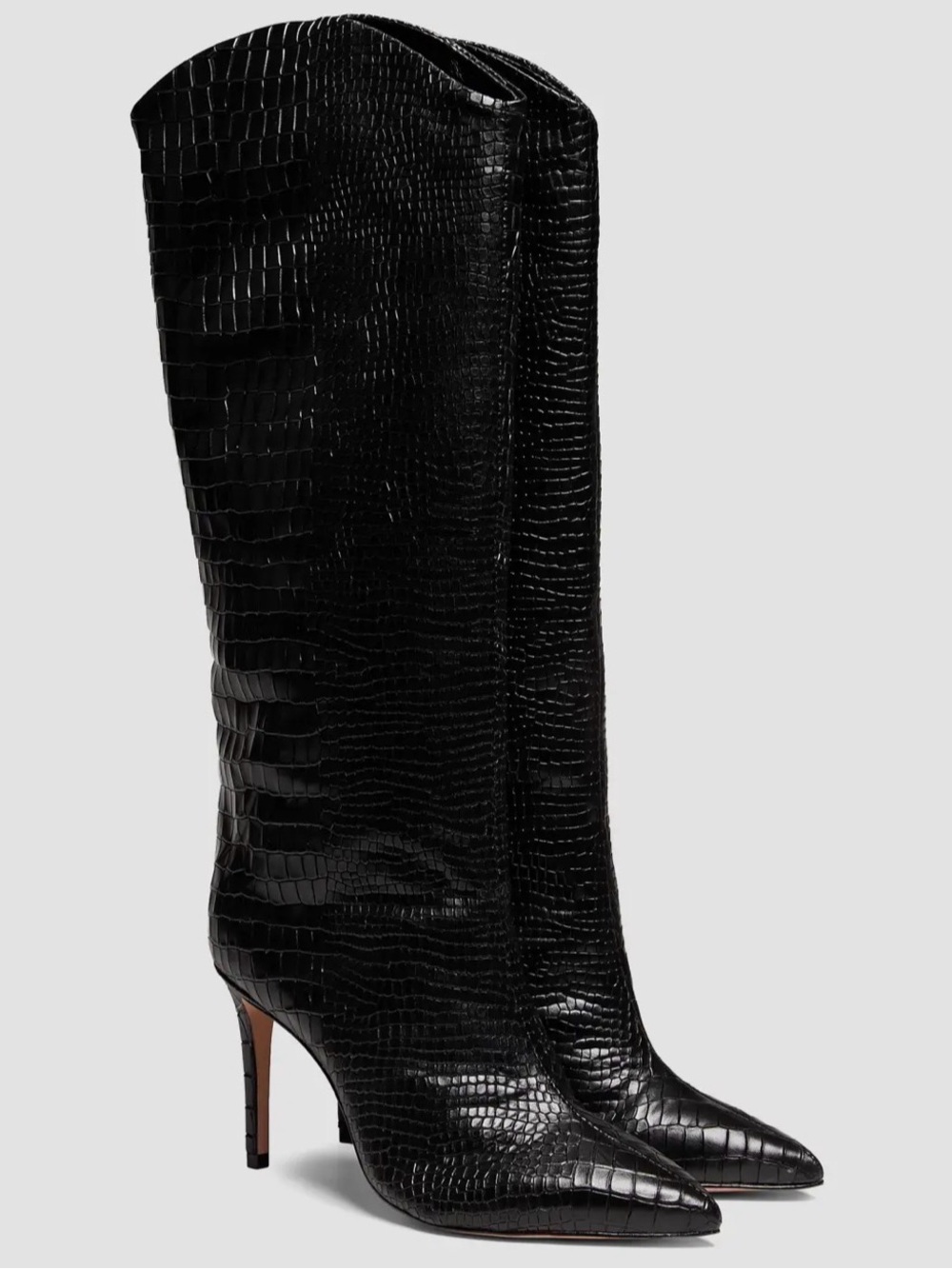 SCHUTZ Maryana Black Croc-Embossed Pointed Boots